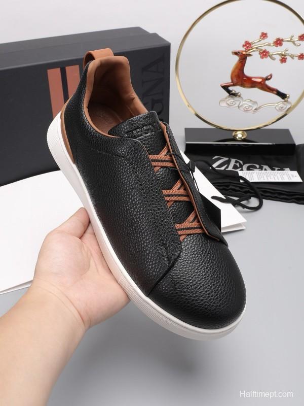 2024 Men Ermenegildo Zegna Black Brown Leather Sneakers MJ00240