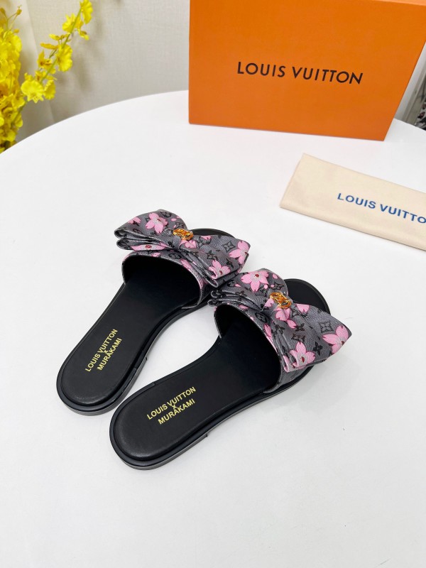 2025 Women Louis Vuitton Pink Black Leather Slippers LY00190