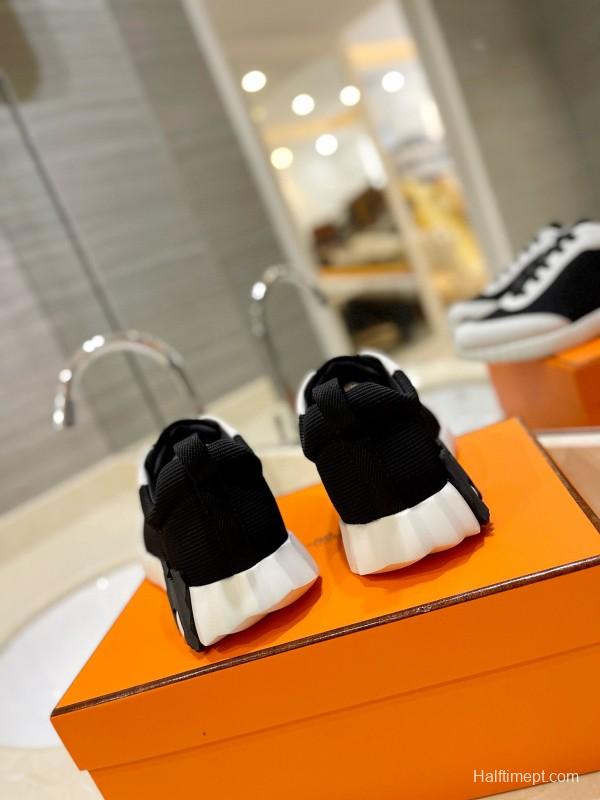 2024 Unisex Hermès black white fabric sneakers