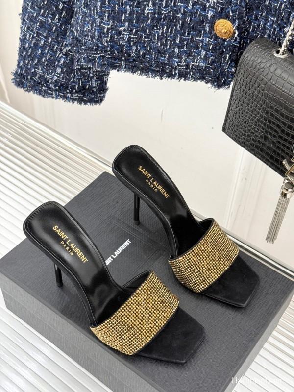 2025 Women Yves Saint Laurent Black Gold Leather High Heel Slip-On LY00300