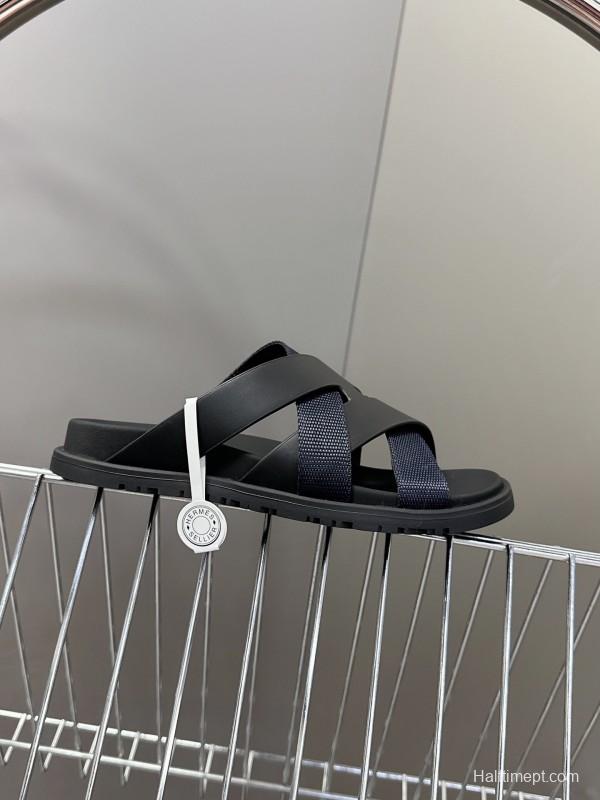 2025 Unisex Hermès Black Leather Fabric Slippers
