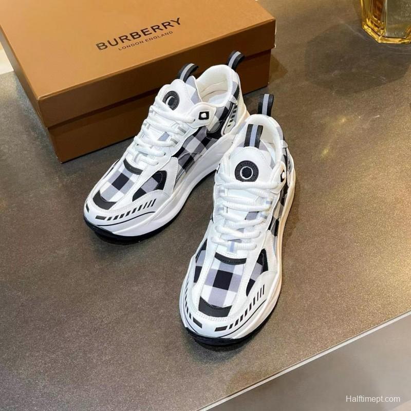2025 Unisex Burberry White Black Cotton Leather Suede Chunky Sneakers Vintage Check MJ00380(F/W)