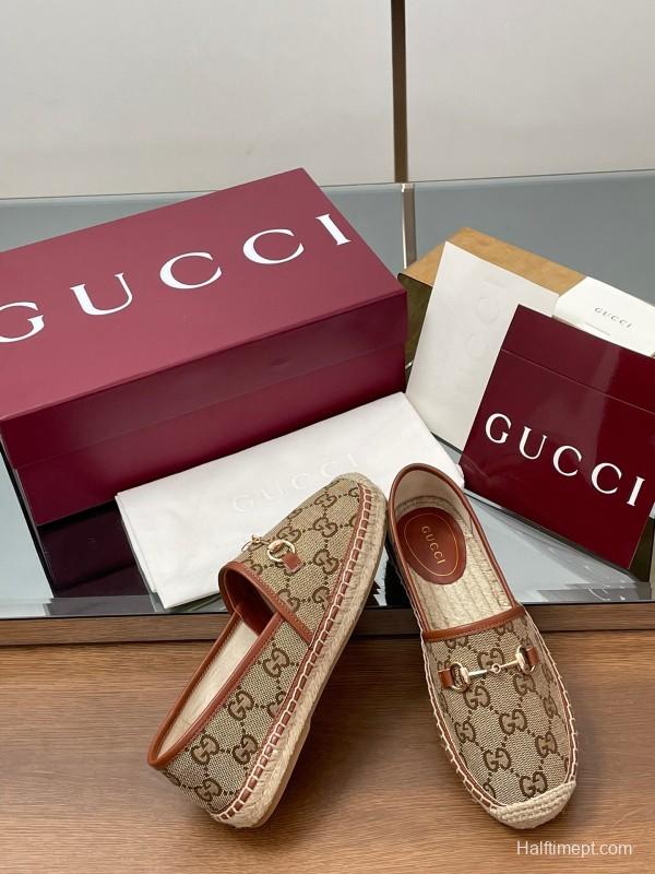 2025 Women Gucci Brown Canvas Leather Loafers Horsebit LY00200