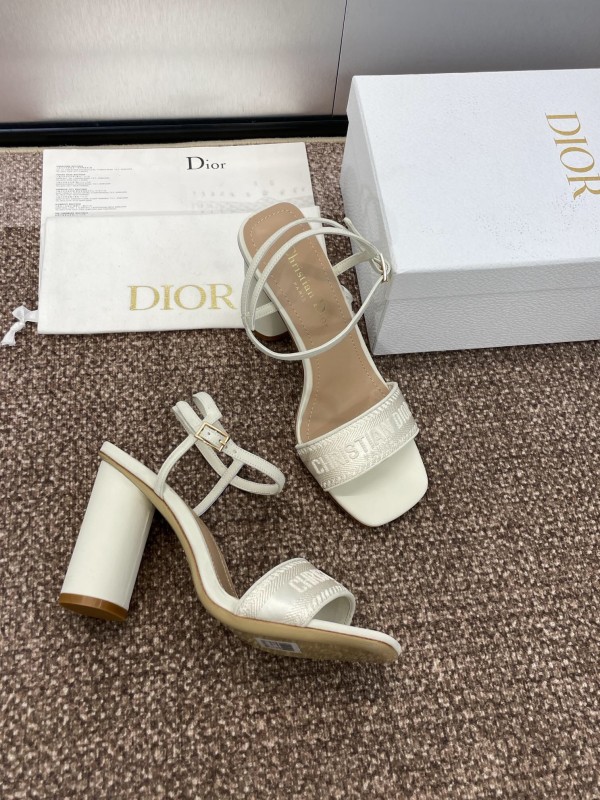 2025 Women Dior White Leather High Heel Embroidered Sandals