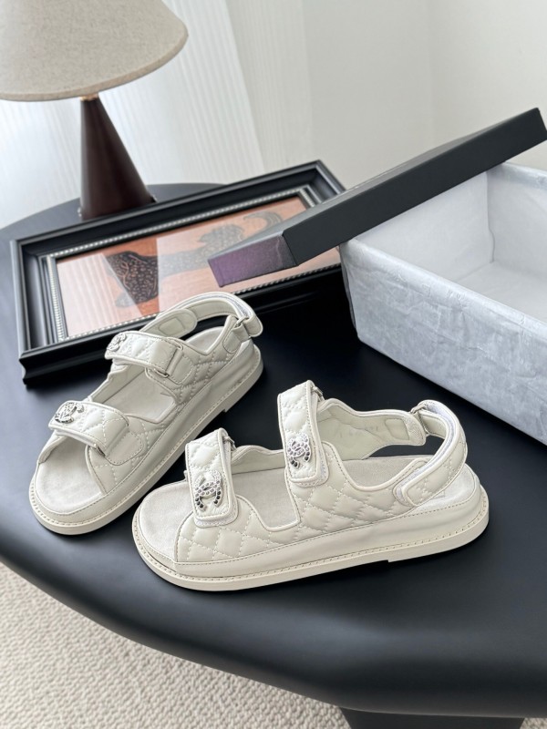 2025 Women Chanel White Leather Sandals LY00320