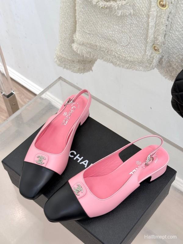 2025 Women Chanel Pink Black Leather Slingback Low Heel KFY00280