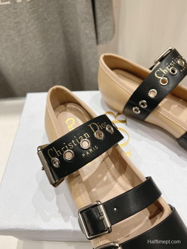 2025 Women Dior Beige Black Leather Mary Jane Buckle KFY00300