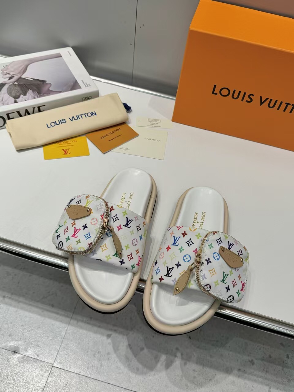 2025 Slippers Louis Vuitton White Multicolor Canvas Slippers