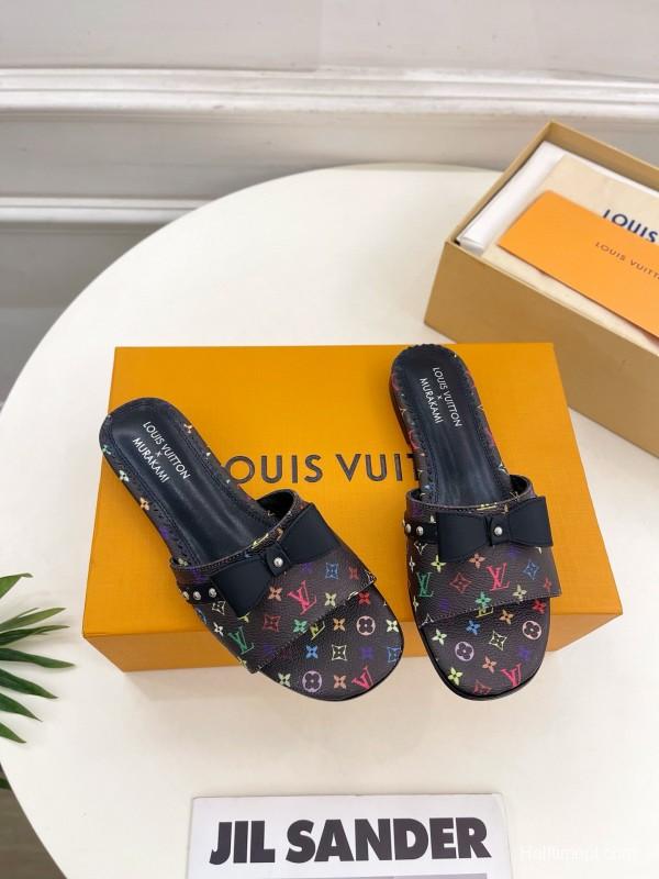 2025 Slippers Louis Vuitton Black Leather Flat Bow MJ00290
