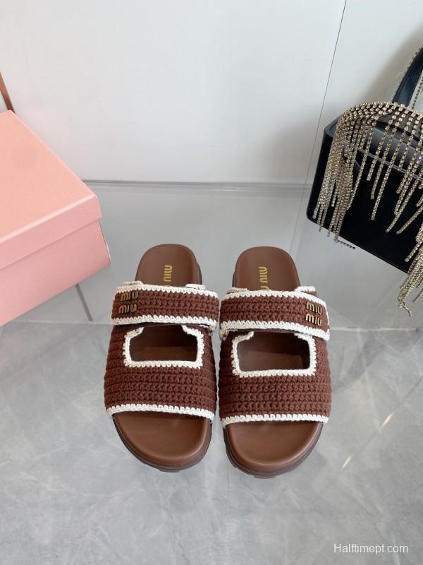 2025 Miu Miu Brown White Crochet Slippers KFY00290