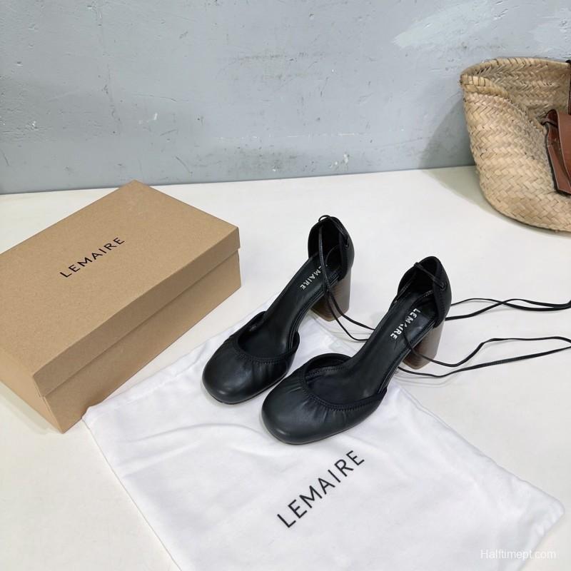 2025 Women LEMAIRE Black Leather Mary Jane Block Heel KFY00300