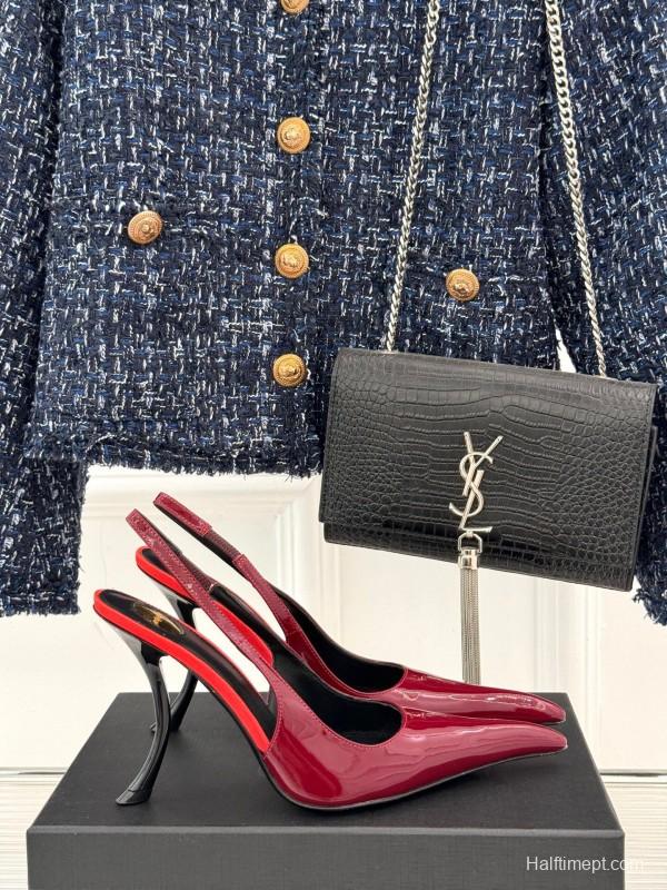 2025 Women Yves Saint Laurent Burgundy Patent Leather Slingback Heels