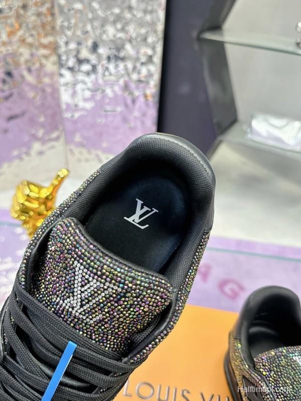 2025 Unisex Louis Vuitton Black Handmade Rhinestone Leather Fabric Plimsolls LV Trainer AS00400