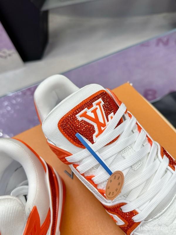 2025 Unisex Louis Vuitton Orange White Leather Plimsolls Handcrafted Rhinestones AS00400