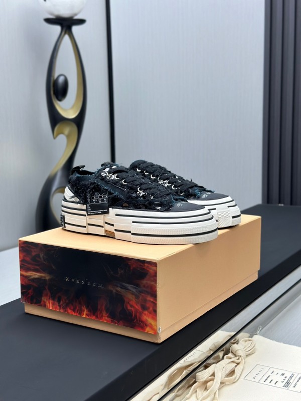 2025 Unisex XVESSEL Black Canvas Plimsolls Distressed Artistic AS00260