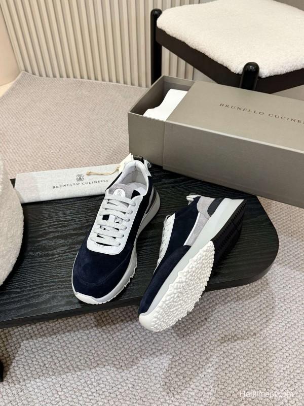 2025 Men Brunello Cucinelli Black White Blue Suede Sneakers AS00320