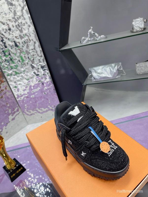 2025 Women Louis Vuitton Black Crystal Trainer Leather Plimsolls Bing Bing AS00420
