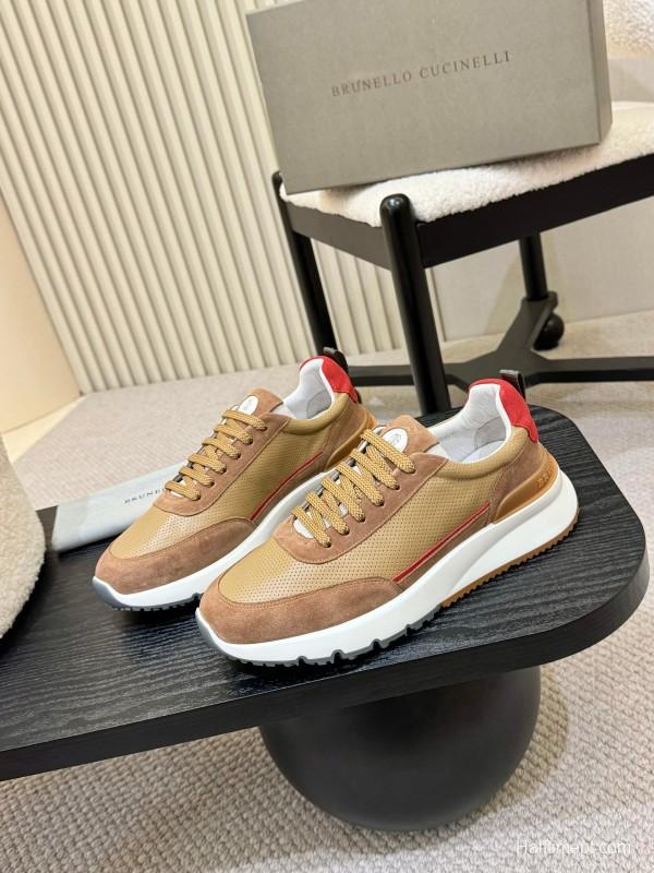 2025 Unisex Brunello Cucinelli Beige Brown Red Calfskin Mesh Sneakers AS00320