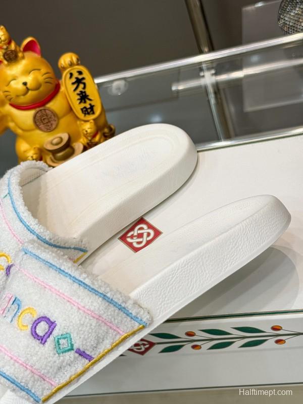 2025 Unisex CASA BLANCA White Fabric Slippers Embroidery KFY00160