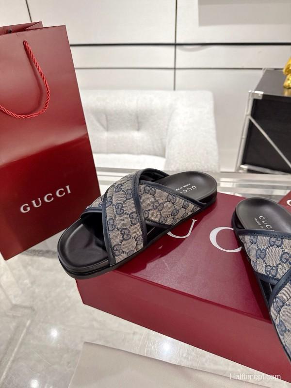 2025 Unisex Gucci Grey Black Canvas Slippers Double G Embossed AS00240