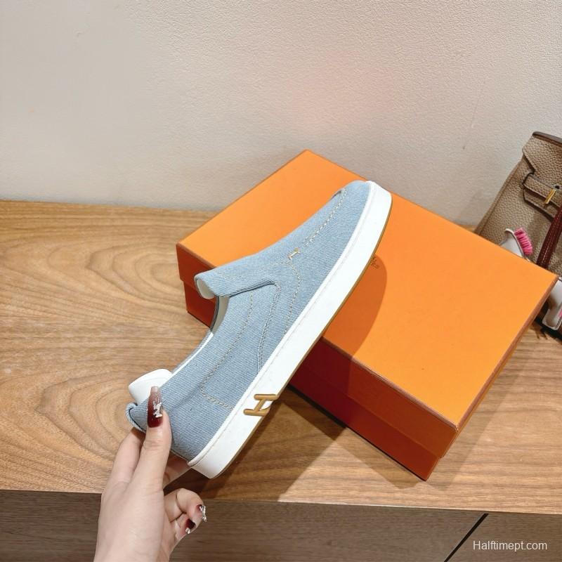 2025 Unisex Hermès Light Blue Canvas Leather Loafers AS00380