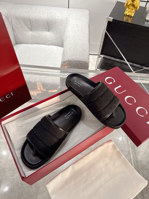 2025 Unisex Gucci Black Fabric Slippers GG Embossed AS00240