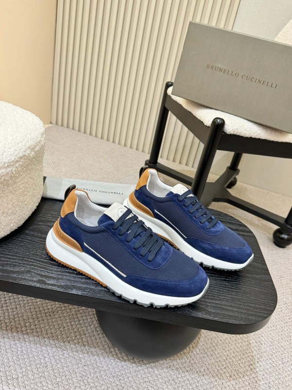 2025 Men Brunello Cucinelli Navy White Brown Calfskin Leather Sneakers AS00320