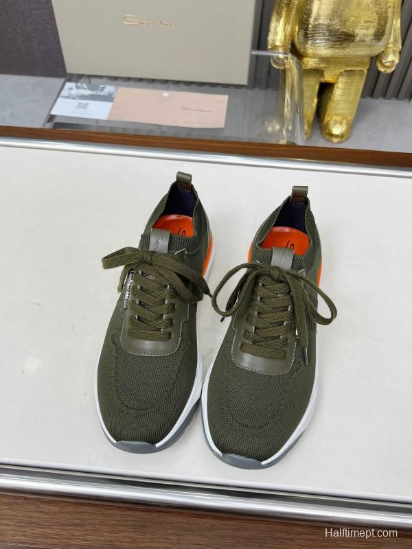 2025 Unisex Santoni Military Green Orange Wool Blend Knit Sneakers AS00320