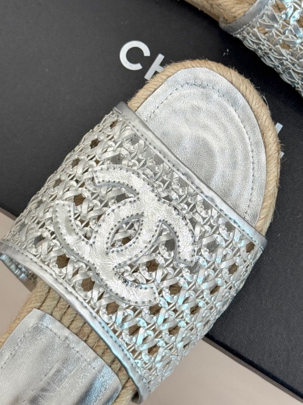 2025 Women Chanel Silver Leather Woven Fisherman Slippers KFY00240