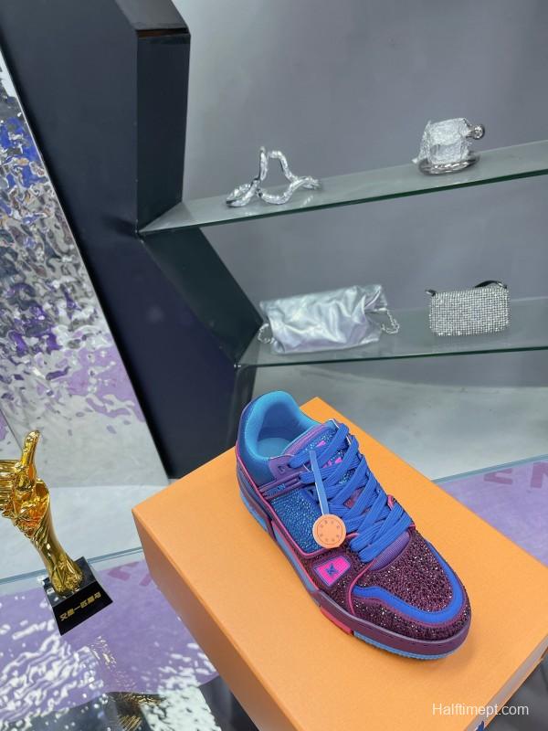 2025 Women Louis Vuitton Blue Purple Leather Fabric Plimsolls Handcrafted Rhinestones AS00400