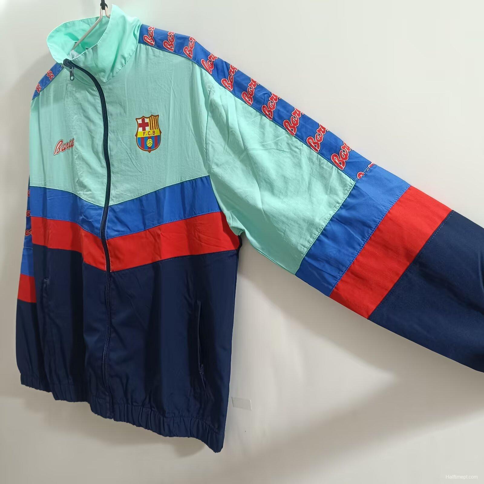25/26 FC Barcelona Mint Green & Navy with Chevron Stripe Pattern Windbreaker