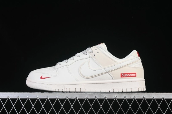 Nike SB Dunk Low Supreme Collaboration Off-White Red Swoosh Low-Top Casual Skate Shoes - CS1688-109