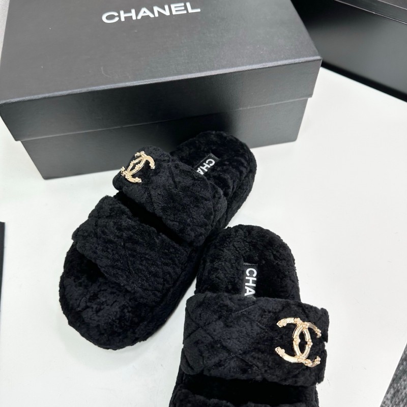 Chanel 2025 SS New Autumn Winter Lazy Sheep Genuine Wool Lazy Slippers Chanel Quilted Platform Fur Slippers - LY00300