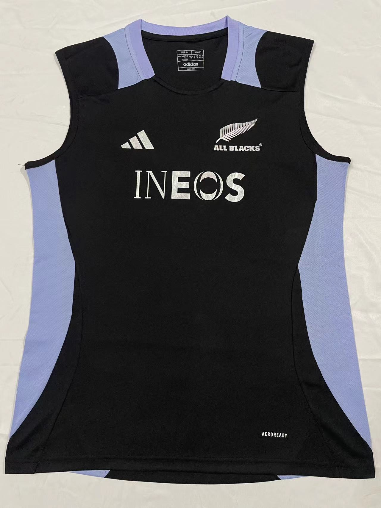 2024 New Zealand All Blacks Black with Light Blue Side Panels Sleeveless Jersey