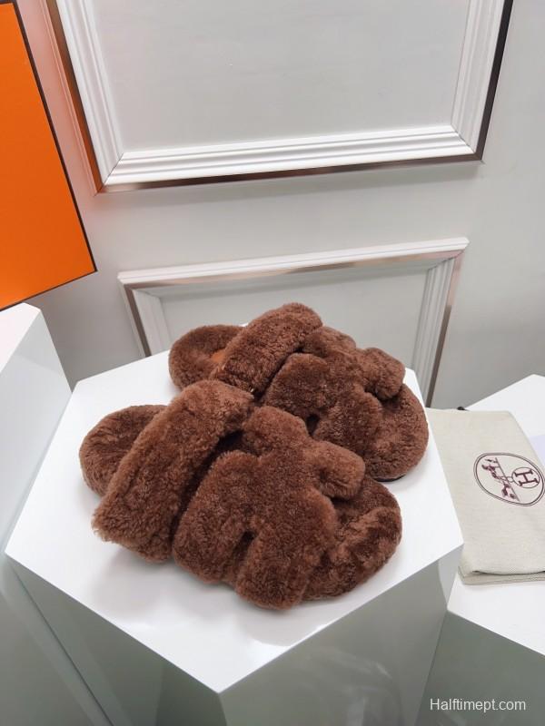 H Erjia Wool Slippers with Genuine Fur and TPU Sole - LY00270