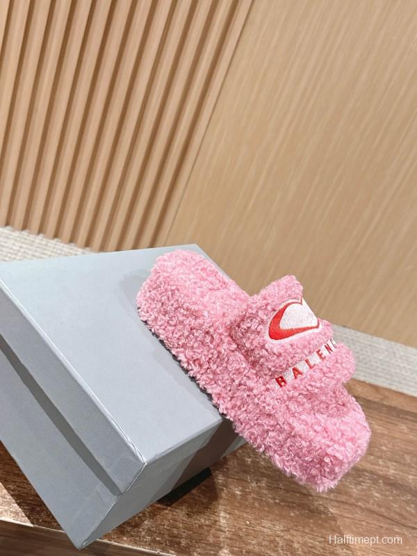 Balenciaga 2025 SS Qixi Limited Series Letter Embroidery Platform Shearling Slippers - AS00200