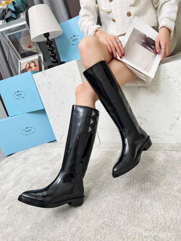 Prada Classic Triangle Logo Pointed Toe Boots - LY00350