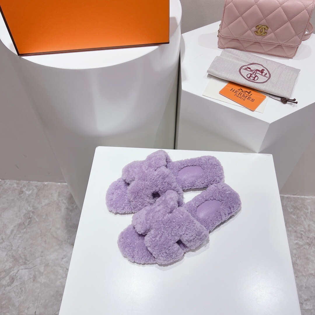 Hermès 2025 SS Teddy Wool H Slippers Flat Fur Slippers - LY00240