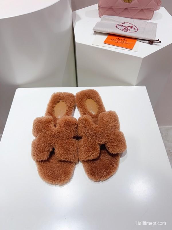 H Teddy Wool H Slippers Flat Sole Fur Slides - LY00240