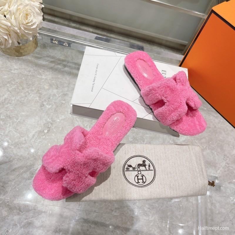 H Teddy Wool H Slippers Flat Sole Autumn Winter - LY00240