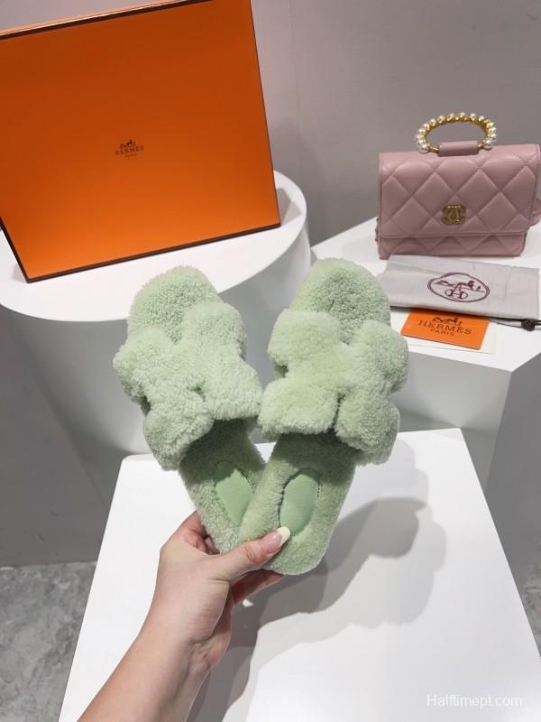 H Teddy Wool H Slippers Flat Sole Winter Edition - LY00240