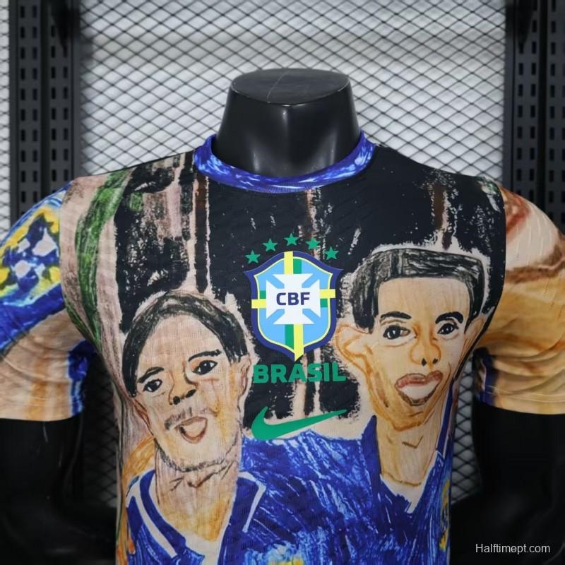 Player Version 2026 Brazil CBF Hand-Drawn Art Special Edition Jersey Featuring Ronaldo & Ronaldinho