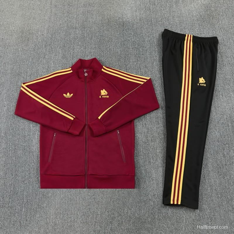 2026/27 AS Roma Burgundy & Gold Full Zipper Jacket Tracksuit +Black  Long Pants