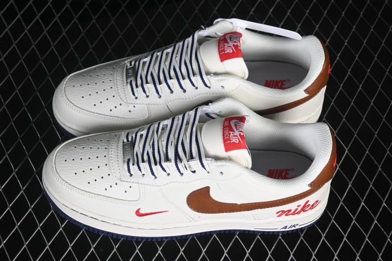 Nike Air Force 1 '07 Low Casual Sneakers with Cream White Brown Red Colorway - NH0601-541
