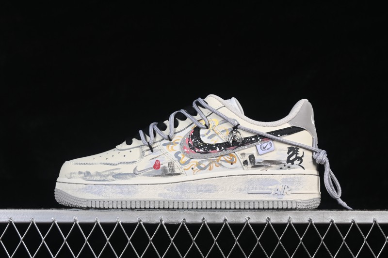 Nike Air Force 1 '07 Low Unbridled Steed Hand-Painted Ink Art Sneakers with Dynamic Swoosh Design - FB1839-313