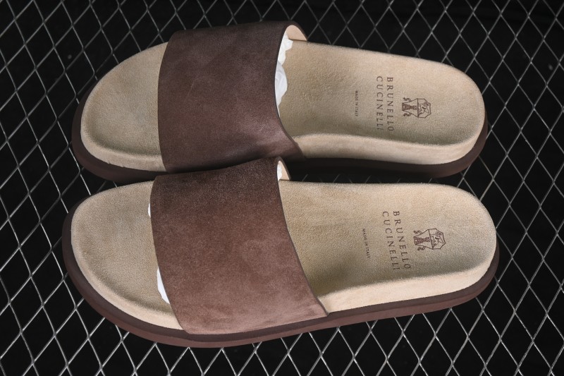 Brunello Cucinelli Suede Flat Slip-On Open-Toe Slide Sandal MZUSOLY236CAY70 BROWN