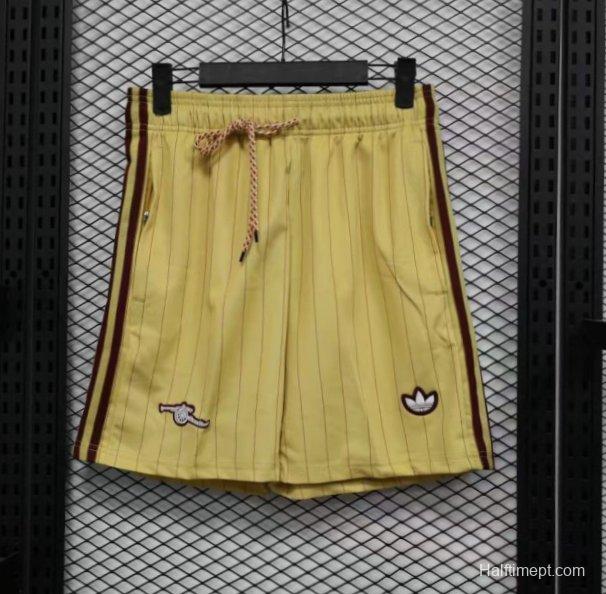 Player Version 25/26 Arsenal Yellow with Burgundy Side Stripes and Pinstripes Shorts