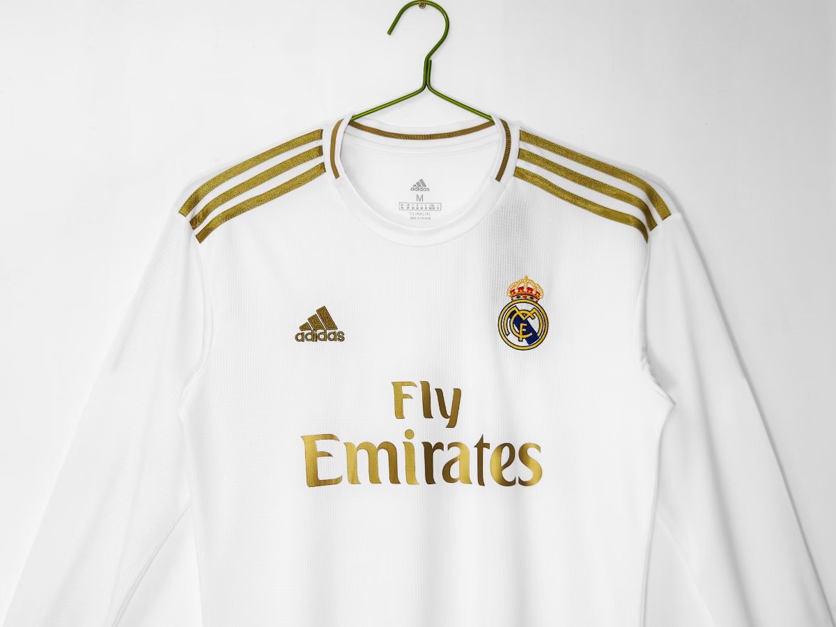 Retro 19/20 Real Madrid White with Gold Stripes Home Long Sleeve Jersey